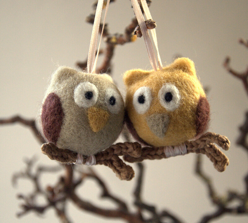 Two Felt Owls on Branch