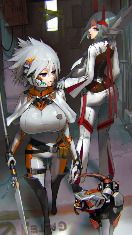 Two Female Androids — White, Dramatic, Digital Art