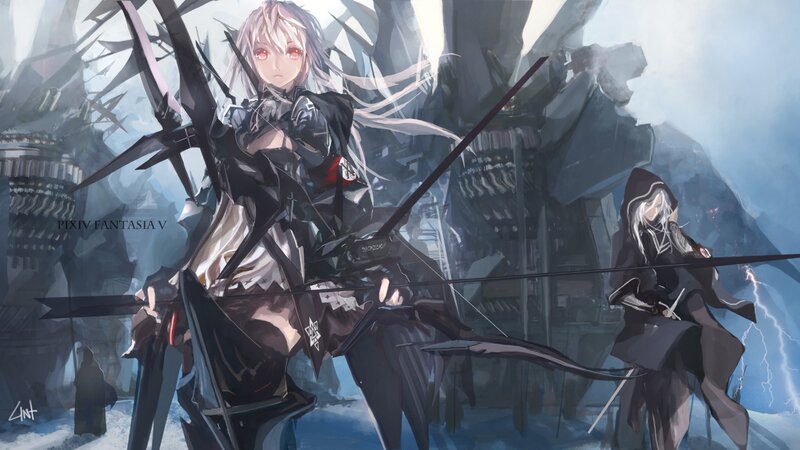 Two Female Archers — Black, Dramatic, Winter
