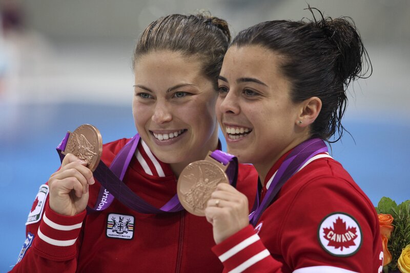Two Female Athletes — Red, Joyful