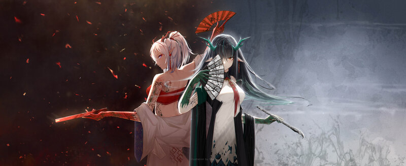 Two Female Characters — Black, Dramatic, Digital Art, Fans