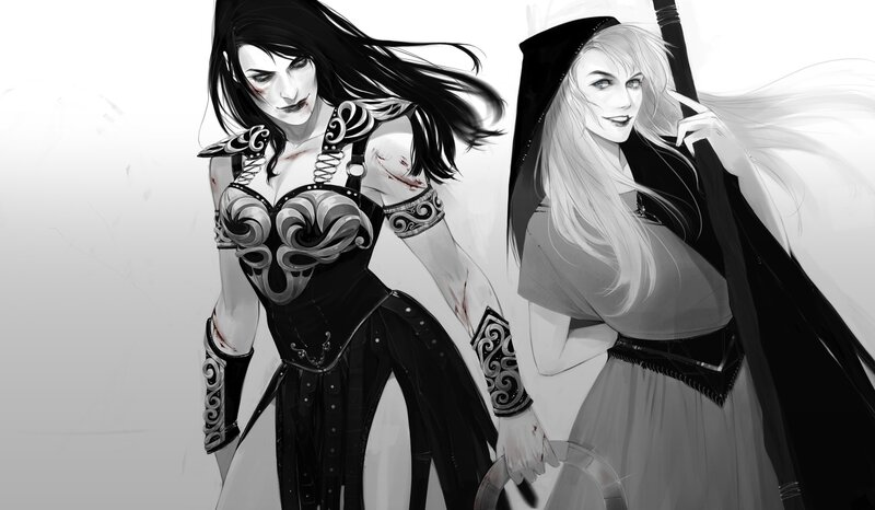 Two Female Characters — Black, Dramatic, Digital Art, Long Hair