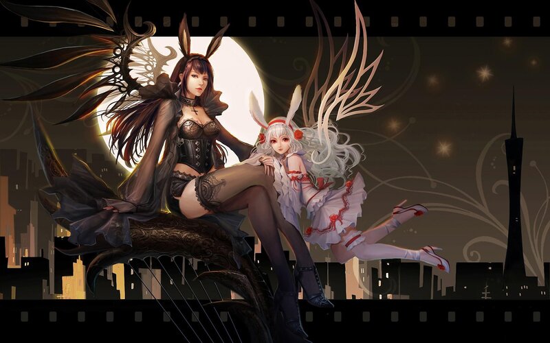 Two Female Characters — Black, Dramatic, Night, Digital Art, City Skyline