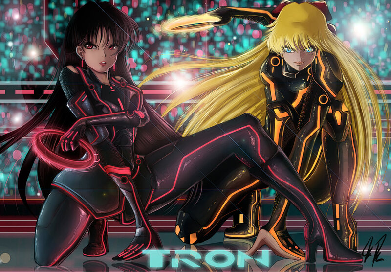 Two Female Characters — Black, Dramatic, Night, Digital Art, Cybernetic Suits