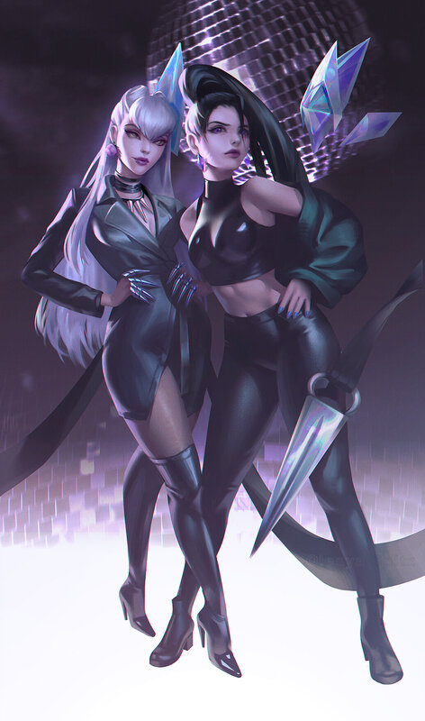 Two Female Characters — Black, Dramatic, Night, Digital Art, Disco Ball