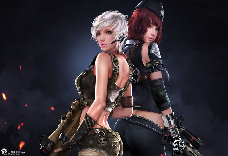 Two Female Characters — Black, Dramatic, Night, Digital Art, Sniper Rifles
