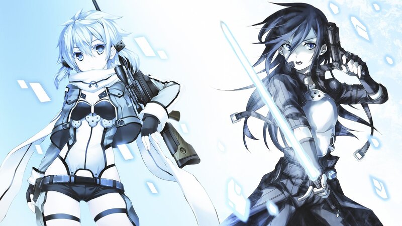 Two Female Characters — Blue, Dramatic, Anime, Guns, Swords, Anime Art