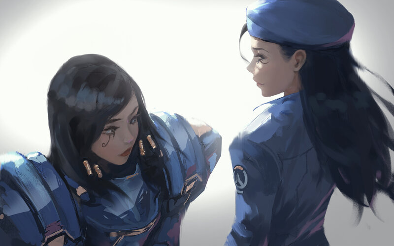 Two Female Characters — Blue, Dramatic, Digital Art, Blue Uniform, Beret