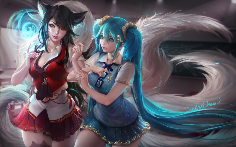 Two Female Characters — Blue, Dramatic, Digital Art, Fox Ears