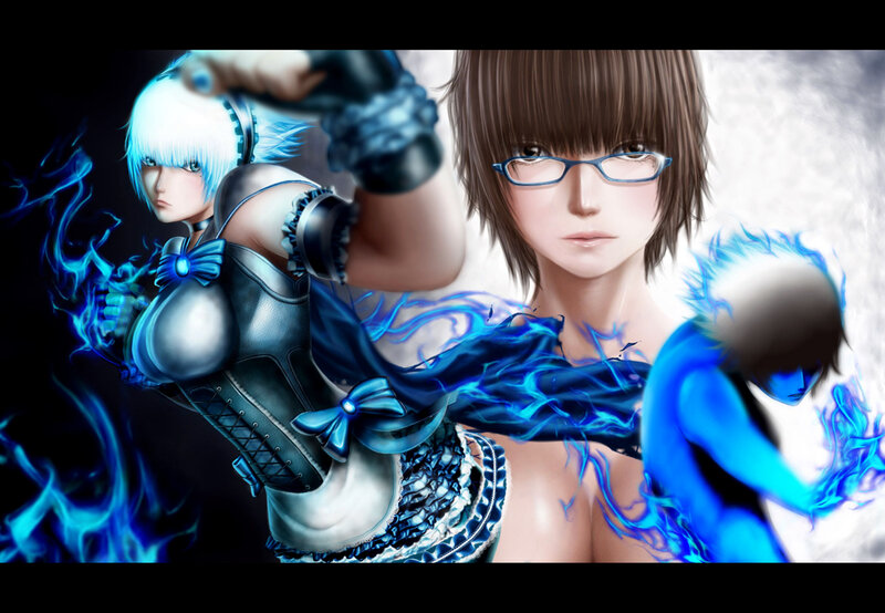 Two Female Characters — Blue, Dramatic, Digital Art