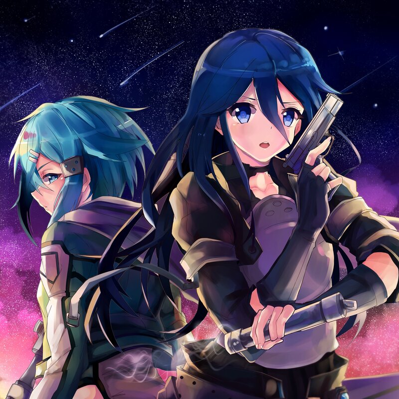 Two Female Characters — Blue, Dramatic, Night, Anime, Guns