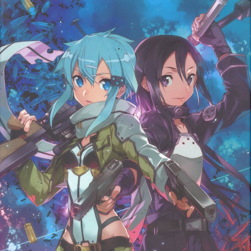 Two Female Characters — Blue, Dramatic, Night, Anime, Guns, Weapons