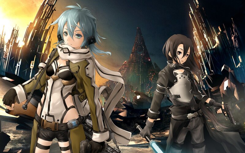 Two Female Characters — Blue, Dramatic, Night, Anime, Sci-fi City