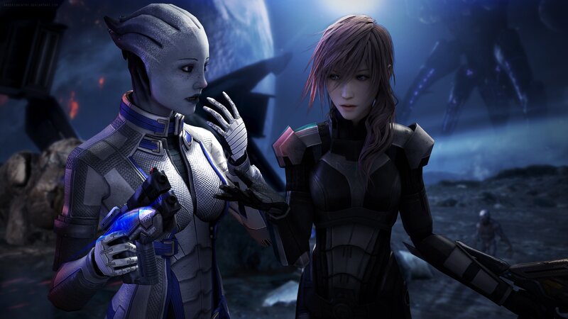 Two Female Characters — Blue, Dramatic, Night, Digital Art, Alien