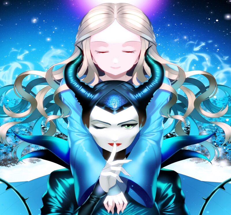 Two Female Characters — Blue, Dramatic, Night, Digital Art, Horns