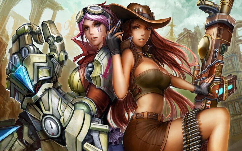 Two Female Characters — Brown, Dramatic, Digital Art, Mechanical Arm