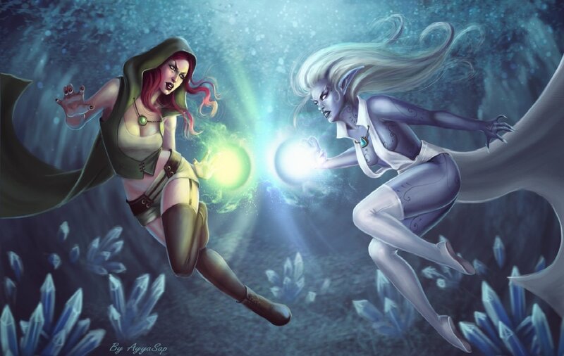Two Female Characters Fighting — Blue, Dramatic, Digital Art