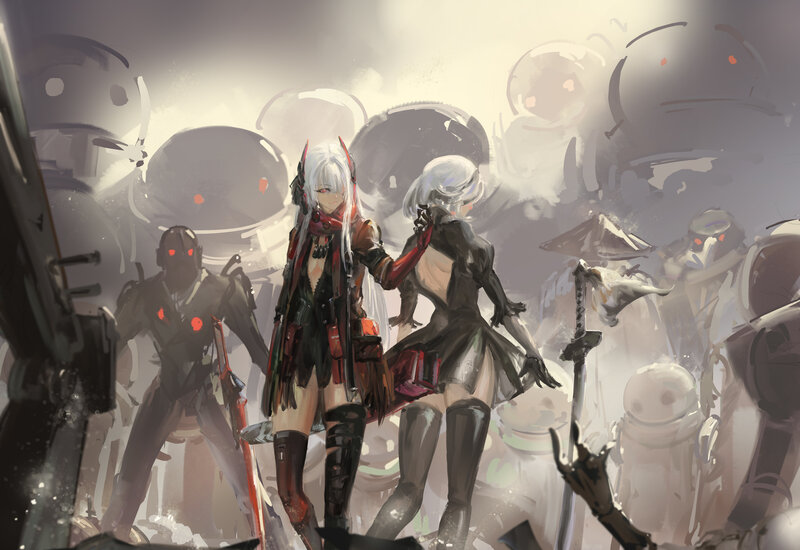 Two Female Characters Fighting — Gray