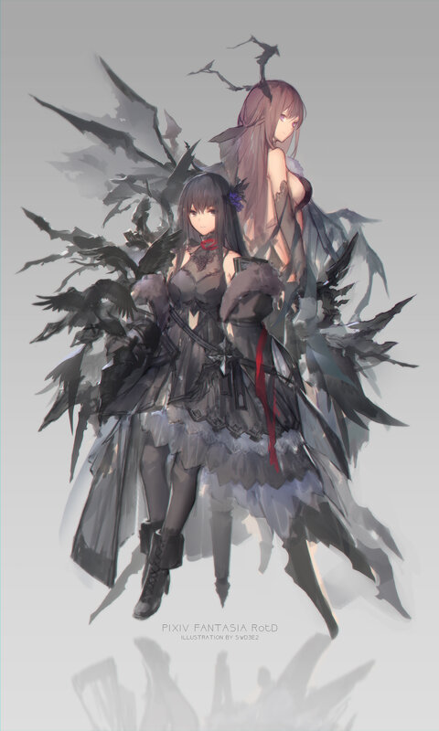 Two Female Characters — Gray, Dramatic, Digital Art, Wings