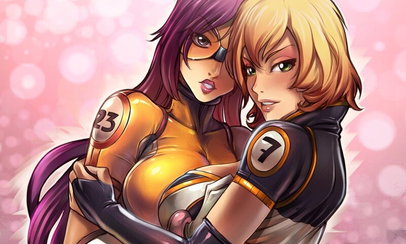 Two Female Characters Hugging — Pink, Romantic, Digital Art