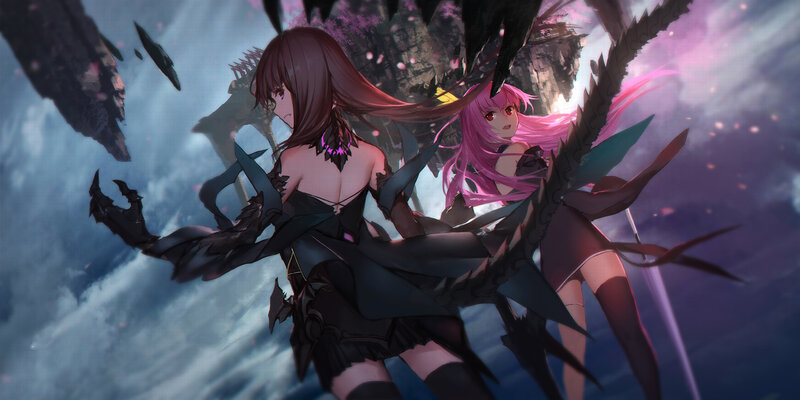 Two Female Characters in Battle — Purple, Dramatic, Digital Art