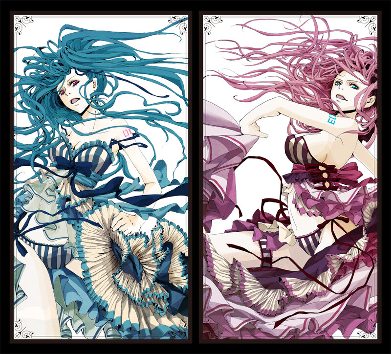 Two Female Characters in Dresses