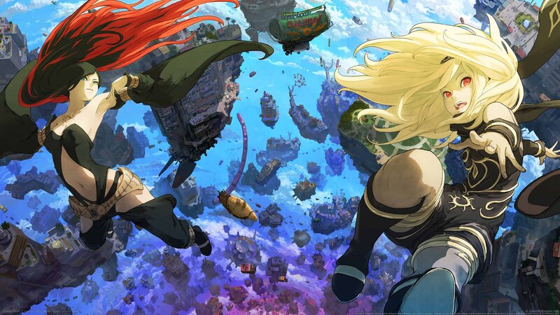 Two Female Characters in Flight — Blue