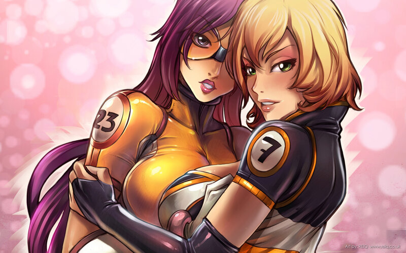 Two female characters in futuristic outfits