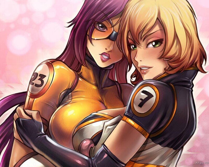 Two female characters in futuristic suits
