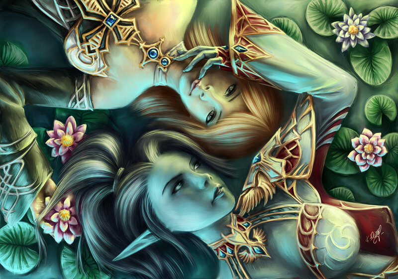 Two Female Characters in Water — Green