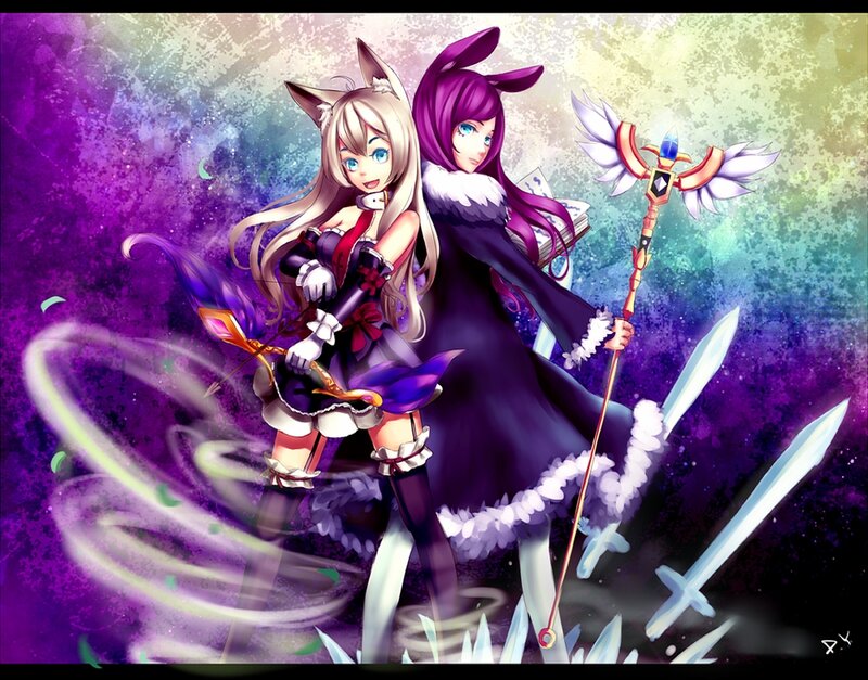 Two Female Characters — Purple, Dramatic, Digital Art, Swords