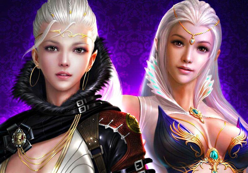Two Female Characters — Purple, Dramatic, Digital Art, White Hair