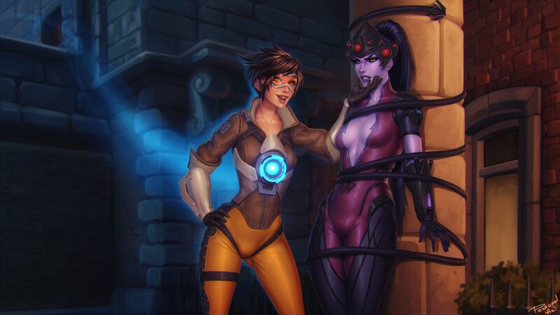 Two Female Characters — Purple, Dramatic, Night, Digital Art, Brick Wall