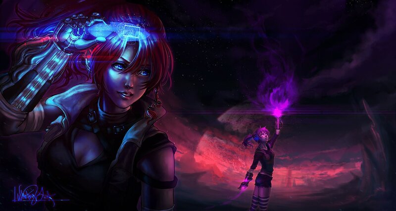 Two Female Characters — Purple, Dramatic, Night, Digital Art, Cybernetic Arm