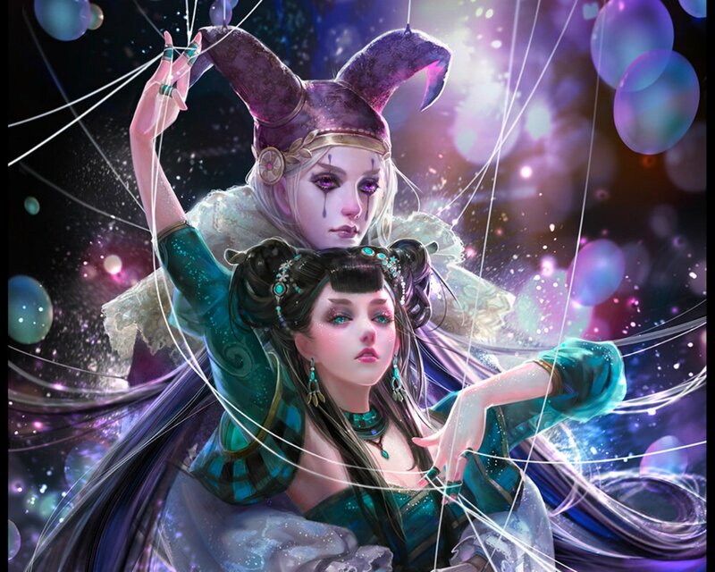 Two Female Characters — Purple, Dramatic, Night, Digital Art, Jester Hat