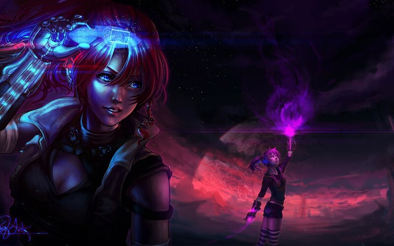 Two Female Characters — Purple, Dramatic, Night, Digital Art