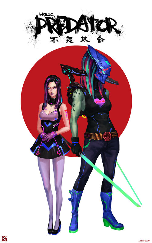 Two Female Characters — Red, Dramatic, Digital Art, Red Circle