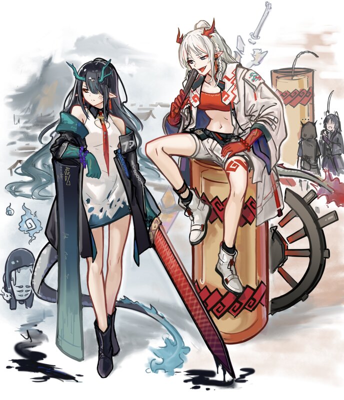 Two Female Characters — White, Dramatic, Digital Art, Swords
