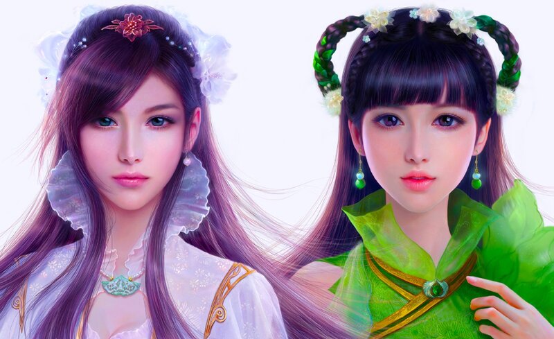 Two Female Characters — White, Serene, Digital Art
