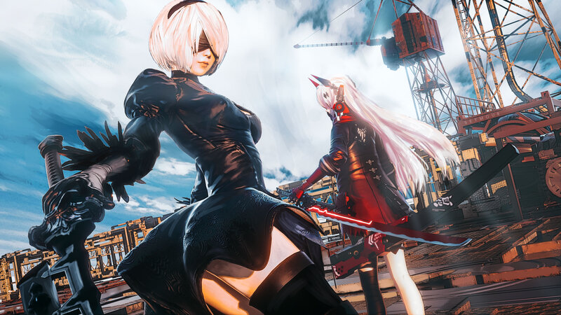 Two Female Characters with Swords — Black