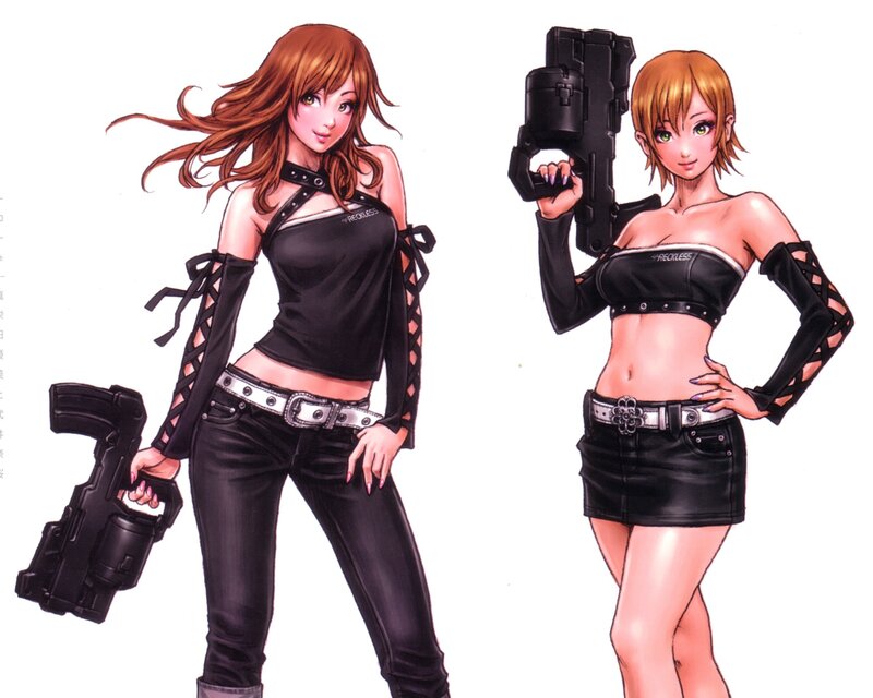 two female characters with weapons