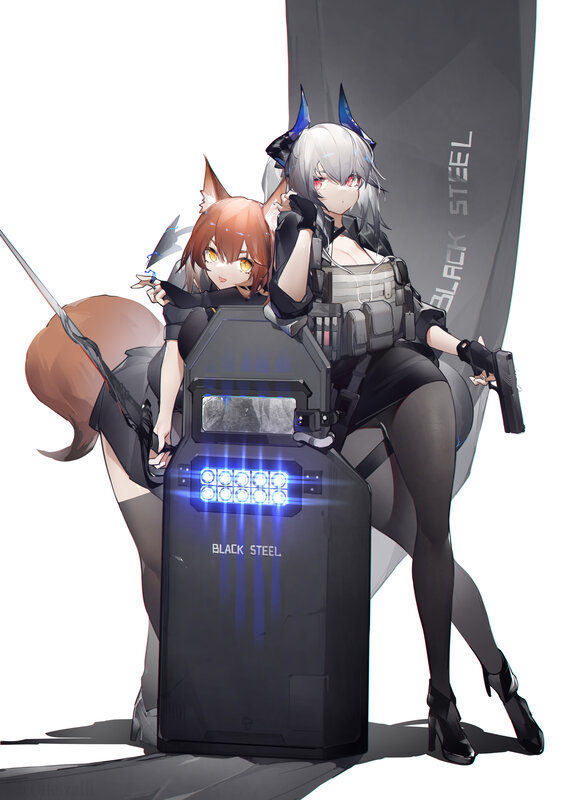 Two Female Characters with Weapons — Black