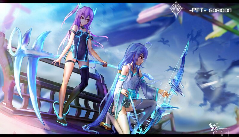 Two Female Characters with Weapons — Blue