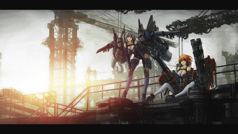 Two Female Pilots with Mechs — Gray, Dramatic