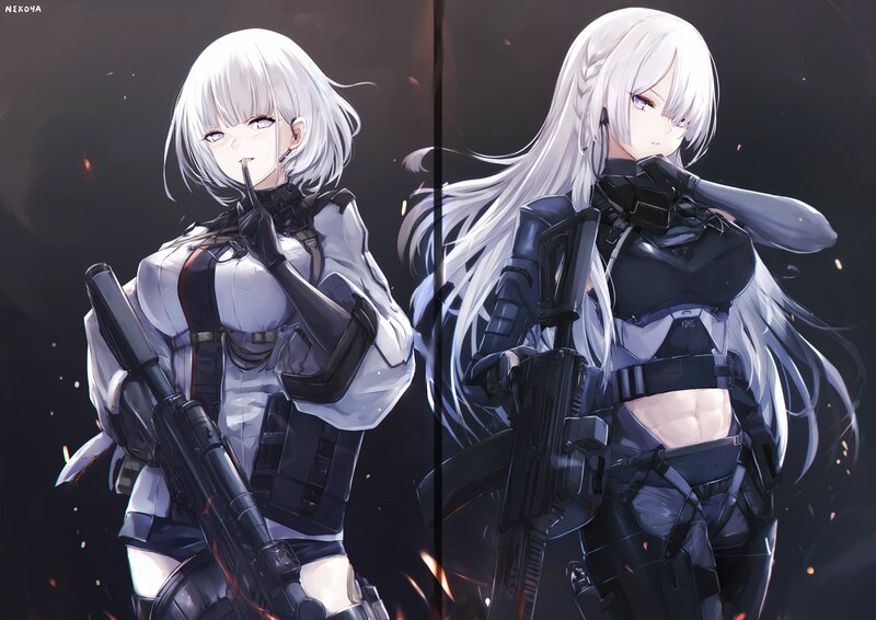 Two Female Soldiers — Black, Dramatic, Night, Digital Art