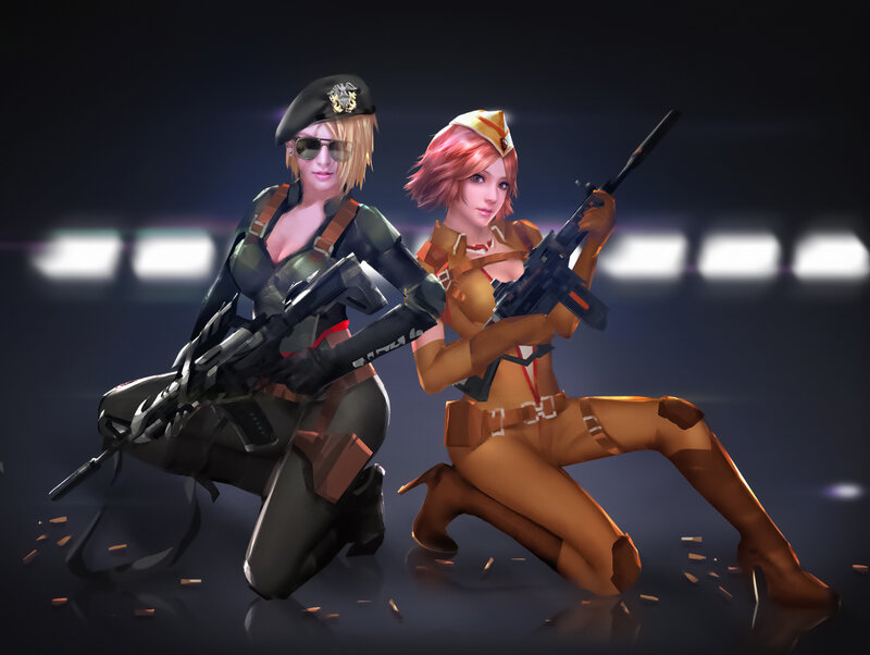 Two Female Soldiers — Black, Dramatic, Night