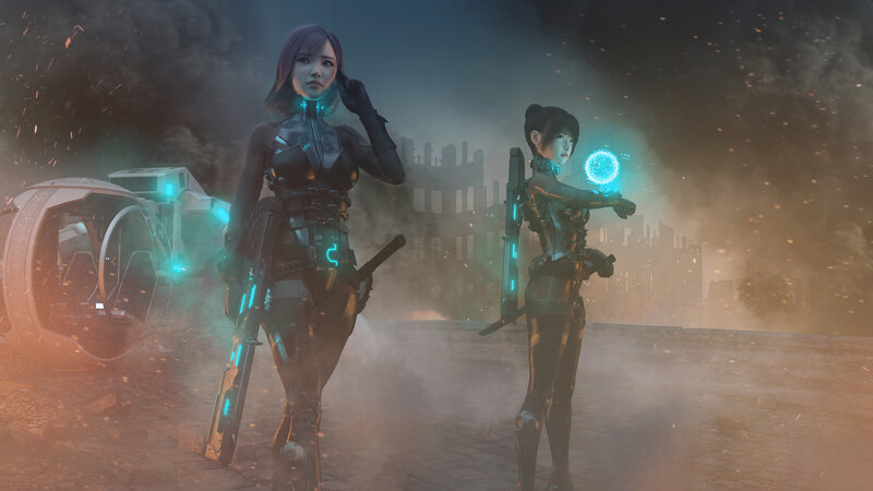 Two Female Soldiers — Blue, Dramatic