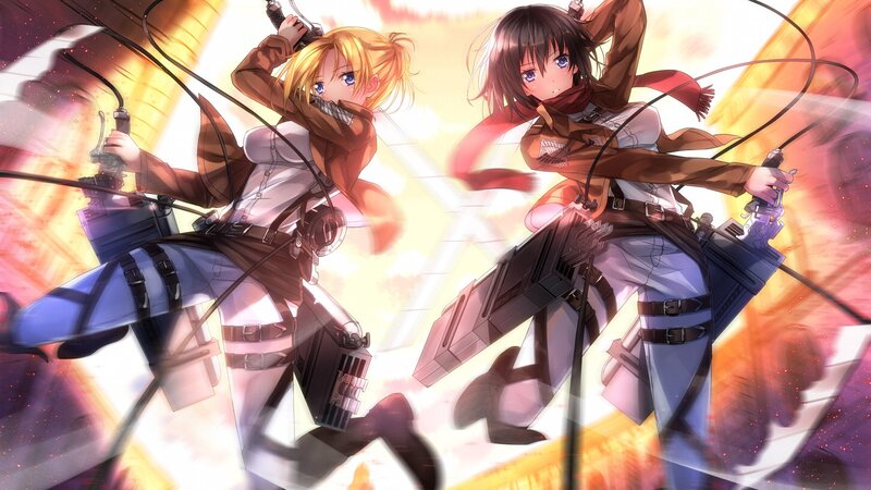 Two Female Soldiers in Action — Yellow, Dramatic, Anime, Titan Gear