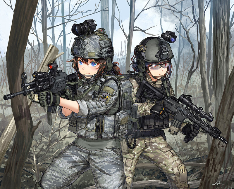 Two Female Soldiers in Forest