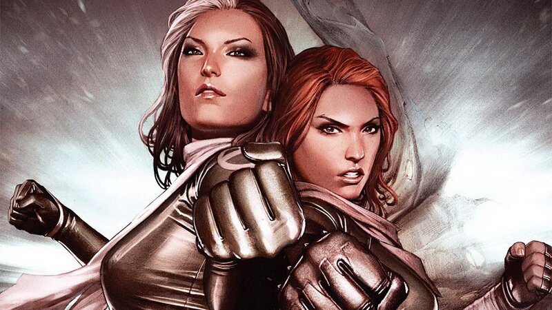 Two Female Superheroes — Brown, Dramatic